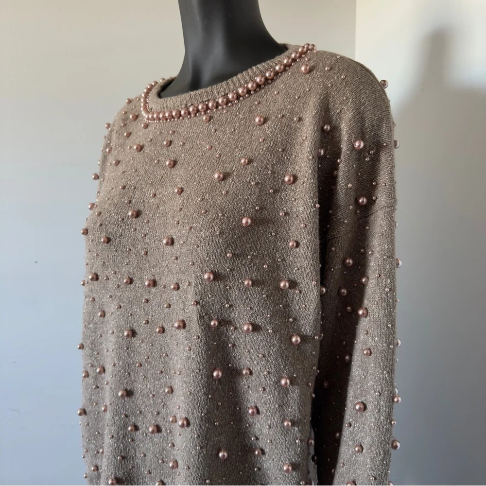 102. VTG Silk / Rabbit hair Elegant Pearl-Embellished Brown Sweater - Picture 2 of 8